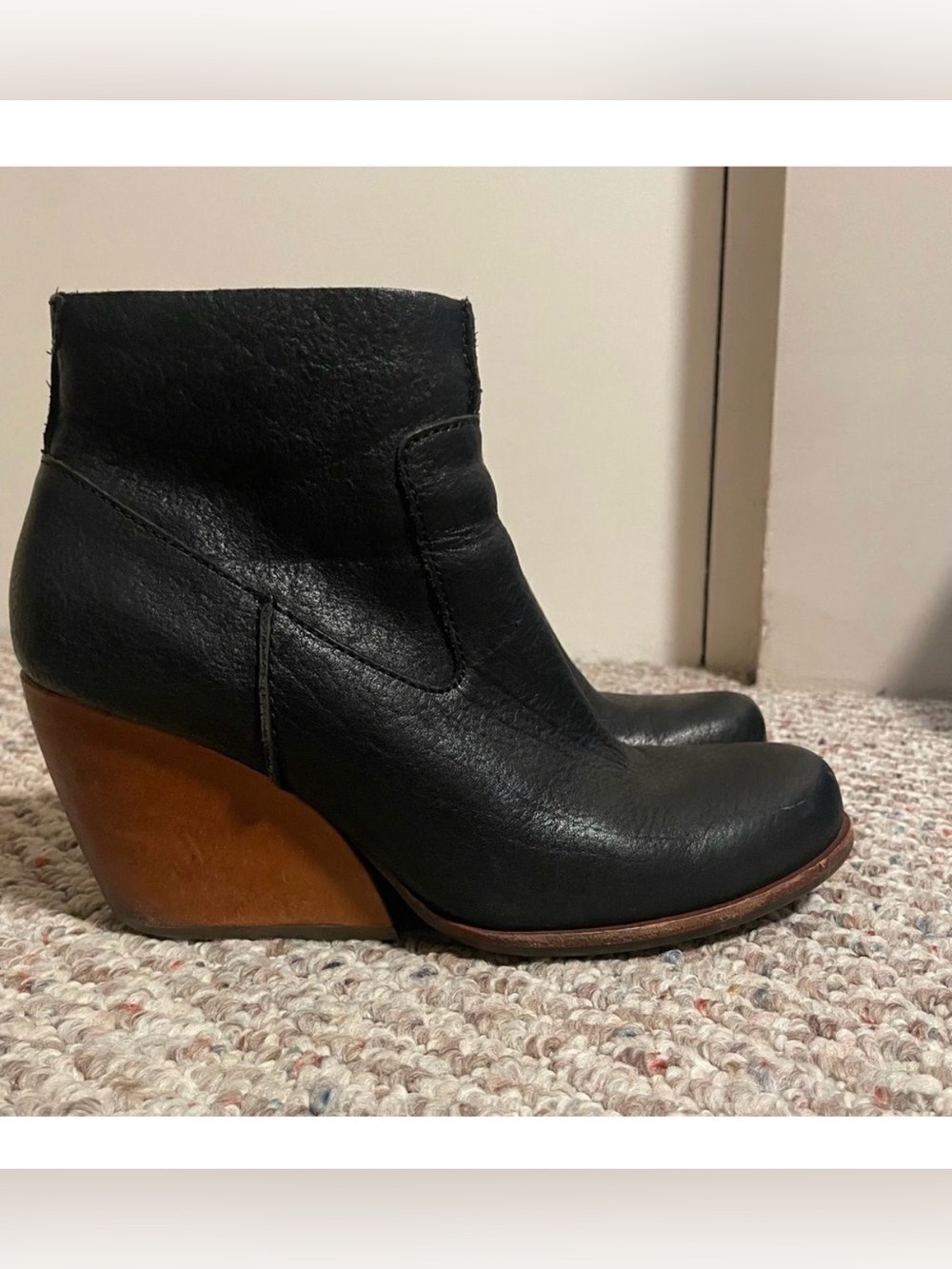 Kork-Ease Michelle Black Leather Ankle Wedge Boots- Size 10